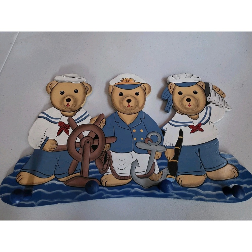 Vintage Santini Sailor Bears Italy Style 4 Wall Clothe Hooks Wooden Hand Painted